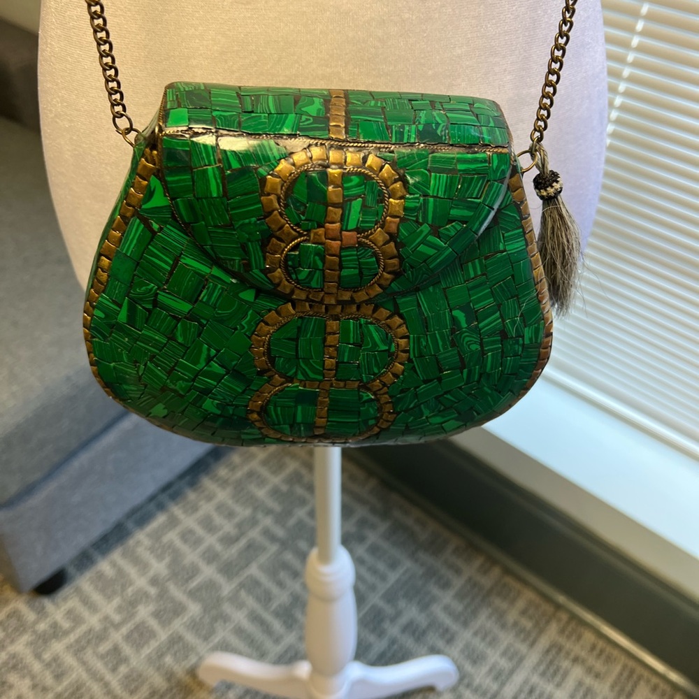 Emerald Green and Gold Quilted Crossbody Bag with Chain Straps